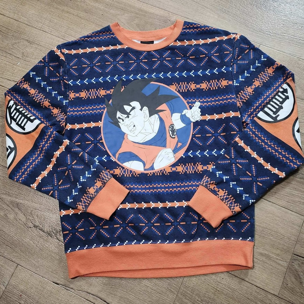 Dragon Ball Z Goku Fair Isle Ugly Christmas Sweatshirt Mens M Blue Orange Anime